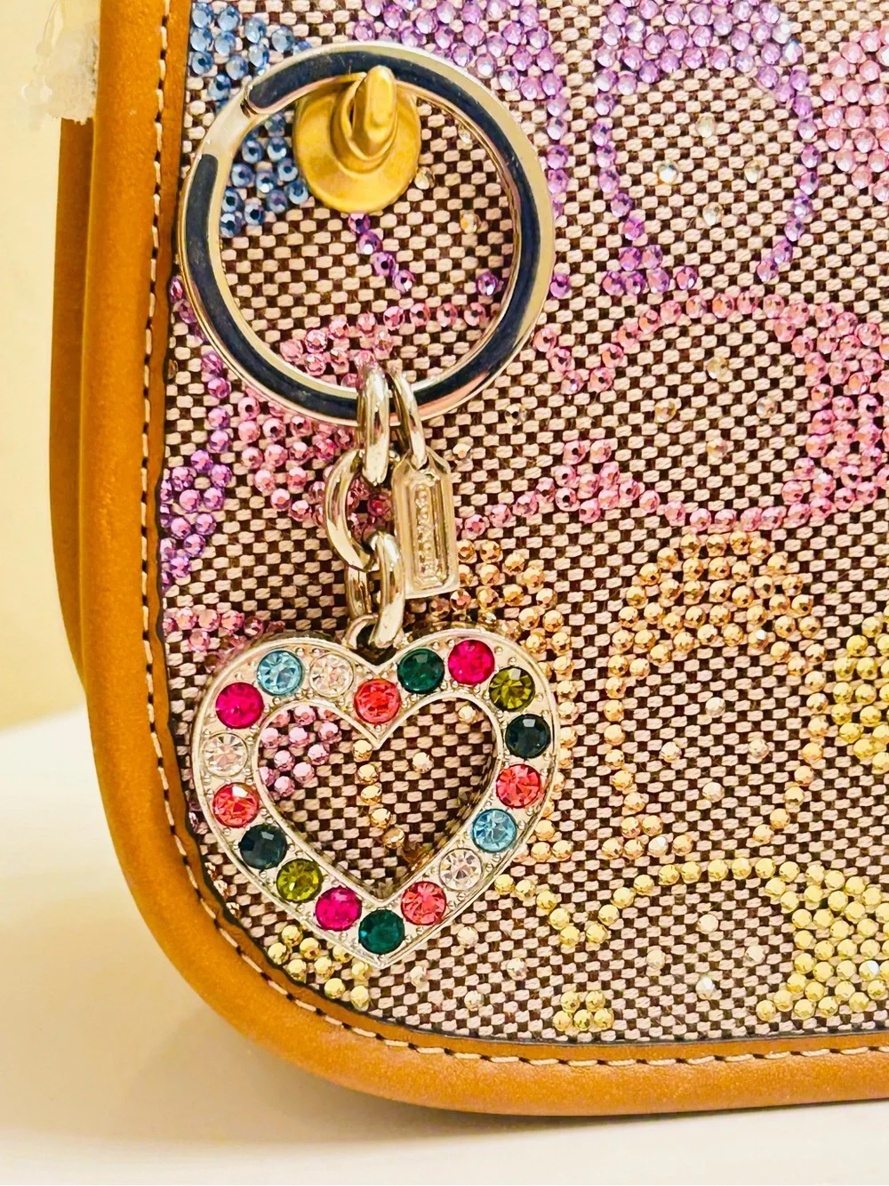 RARE Coach Heart Charm Rainbow Crystals Keychain/ Bag Charm